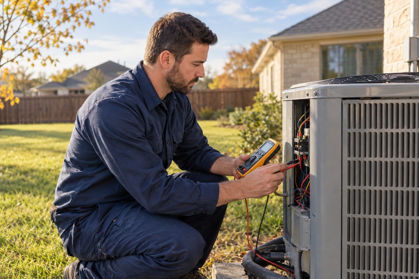 HVAC technician checking outdoor condenser unit with a multimeter during a fall tune-up
