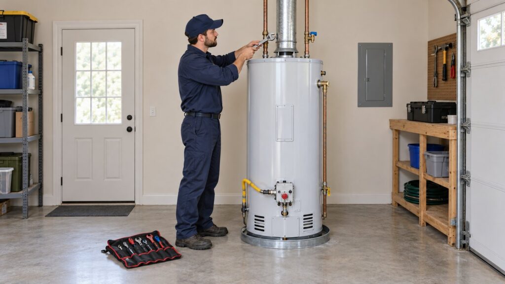 Plumber checking the fittings on a residential gas water heater in a DFW home garage